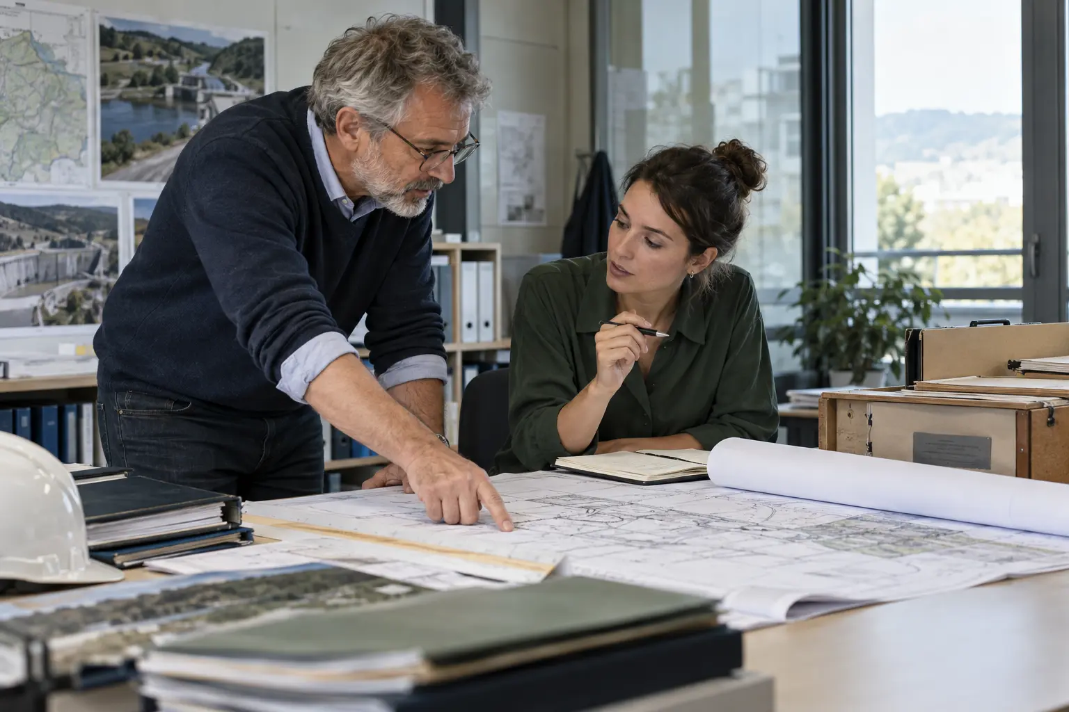 Un responsable transmet des connaissances de contexte à une collègue autour de plans de travail