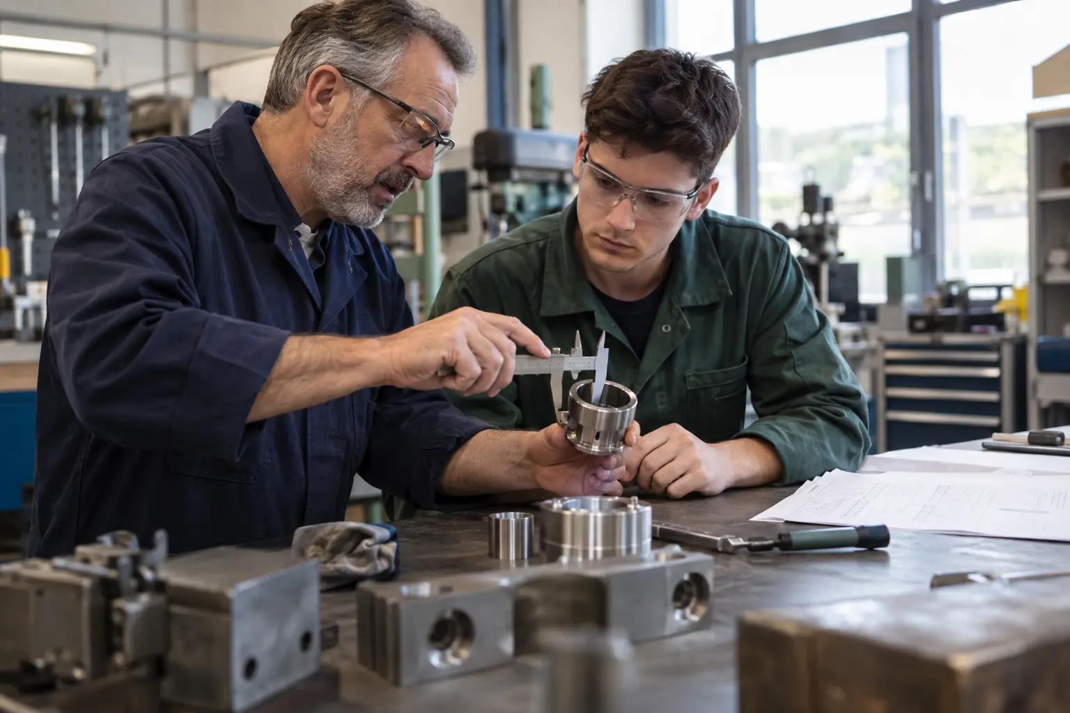 Un technicien expérimenté transmet un geste de mesure à un jeune collègue